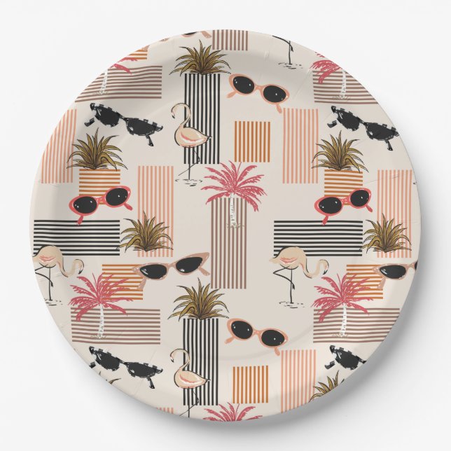 Retro Flamingos Palms and Sunglasses Summer Party Paper Plates (Front)