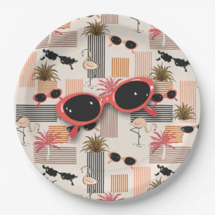 Retro Flamingos Palms and Sunglasses Summer Party Paper Plates