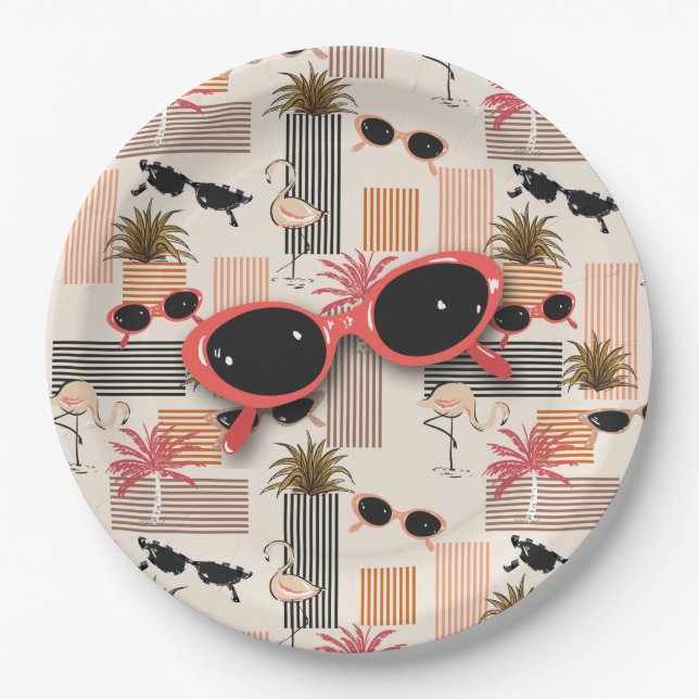 Retro Flamingos Palms and Sunglasses Summer Party Paper Plates (Front)