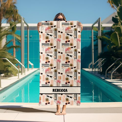 Retro Flamingos Palms Vintage Sunglasses Beach Towel