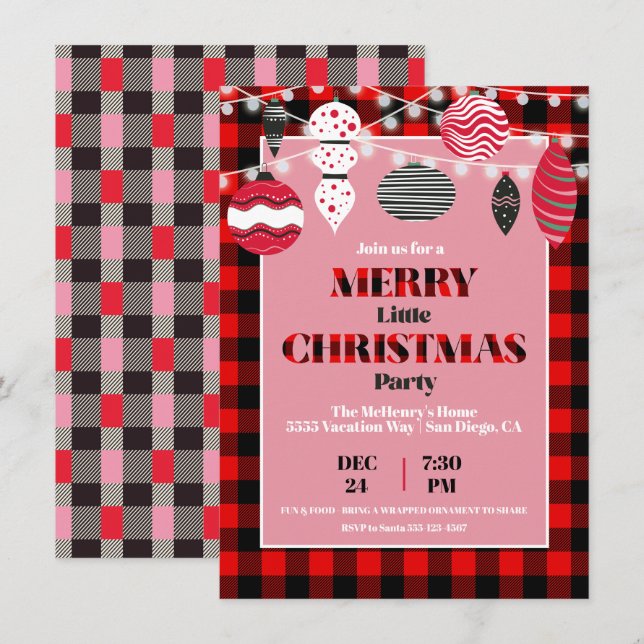 Retro Flannel Christmas Party Ornament Invitation (Front/Back)