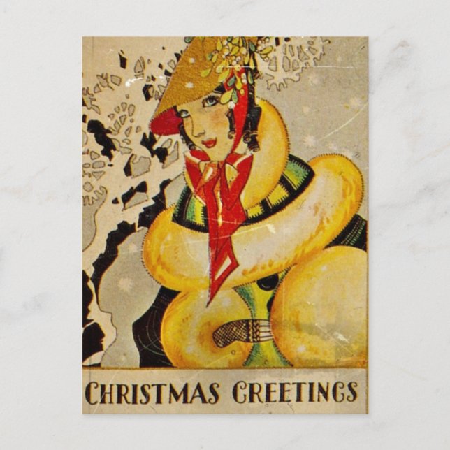 Retro Flapper Christmas Greetings Holiday Postcard (Front)