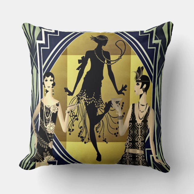 Retro Flapper Dancers Black Gold Throw Pillow (Front)