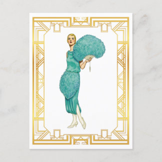 Retro Flapper Teal Feather Dress Vintage Art Postcard