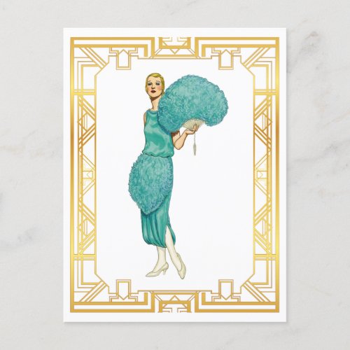 Retro Flapper Teal Feather Dress Vintage Art Postcard