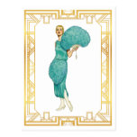 Retro Flapper Teal Feather Dress Vintage Art Postcard