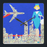 Retro Flight Attendant Wall Clock<br><div class="desc">Regardless of where you put this Love at First Flight Retro Flight Attendant Wall Clock, you'll have the cutest clock for miles around. The design features a royal blue background with a city skyline and airplane made from a vintage roadmap. There is also a minimalist cartoon drawing of a 1960's...</div>