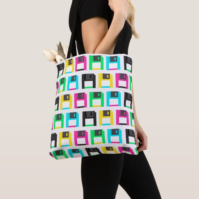Retro Floppy Disk Pixel Pattern Colorful Tote Bag (Close Up)