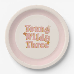 Retro Floral 3rd Birthday Young Wild & Three Paper Plates