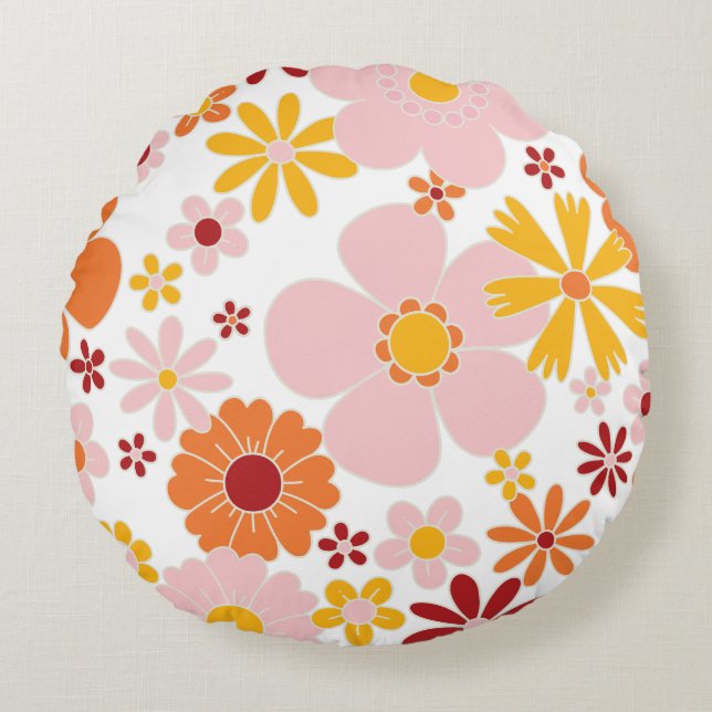 Retro Floral 70's  Round Pillow (Front)