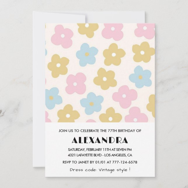 Retro Floral 77th birthday invitations  (Front)
