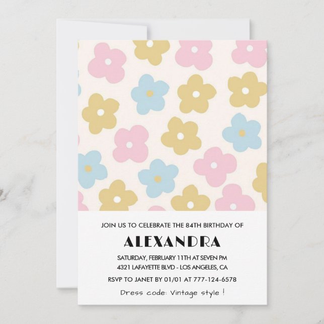 Retro Floral 84th birthday invitations  (Front)