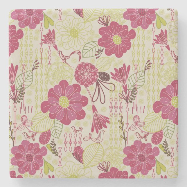 Retro Floral and Birds Sketch Pattern Stone Coaster (Front)