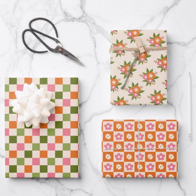 Retro Floral and Checkerboard Pink Orange Green Wrapping Paper Sheets (Front)