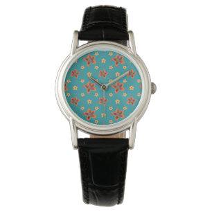 Retro Floral and Polka Dots on Teal Wristwatch