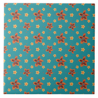 Retro Floral and Polka Dots, Teal Ceramic Tile