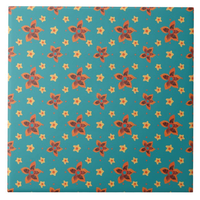 Retro Floral and Polka Dots, Teal Ceramic Tile (Front)