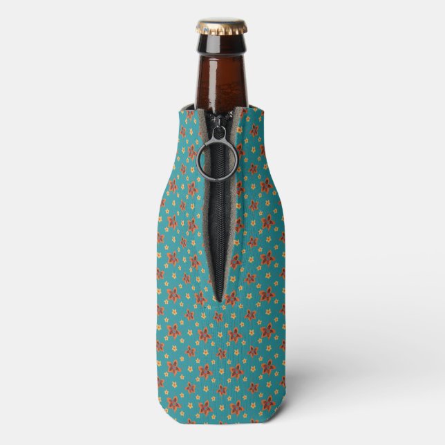 Retro Floral and Polkas on Teal Bottle Cooler (Bottle Back)