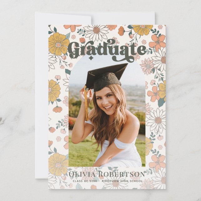 Retro Floral Arch Photo Graduation Announcement (Front)
