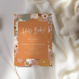 Retro Floral Baby Shower Warm Orange Vintage Fall Invitation
