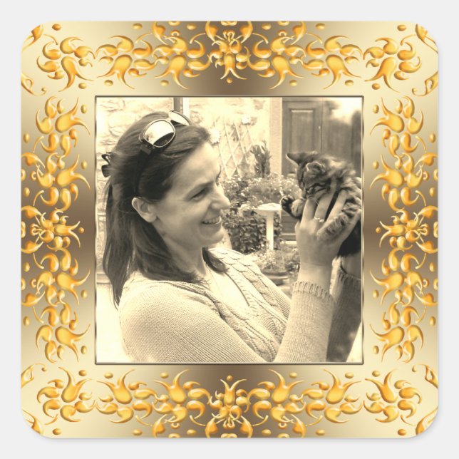 retro floral baroque golden frame. square sticker (Front)