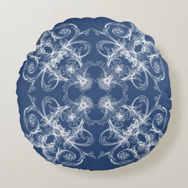 Retro floral Baroque Navy Round Pillow (Front)