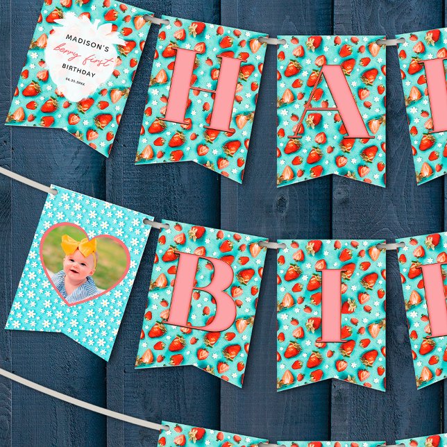 Retro Floral Berry First Happy Birthday Photo Bunting Flags (Creator Uploaded)