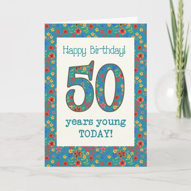 Retro Floral Birthday Card 50 Years Young (Front)