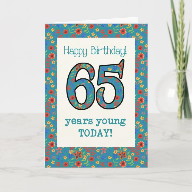 Retro Floral Birthday Card 65 Years Young (Front)