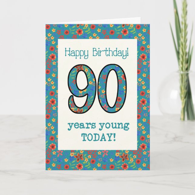 Retro Floral Birthday Card 90 Years Young (Front)