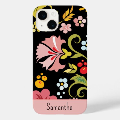 Retro Floral Black and Pink Monogrammed Case_Mate iPhone 14 Case