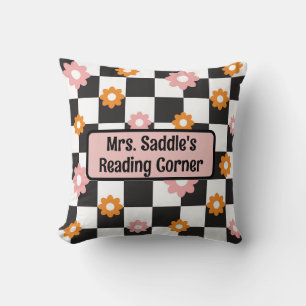Retro, floral black & white checked reading corner throw pillow