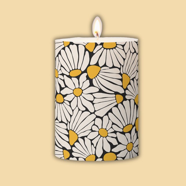 Retro Floral black yellow block print Pillar Candle (Retro floral daisy dream candle.)