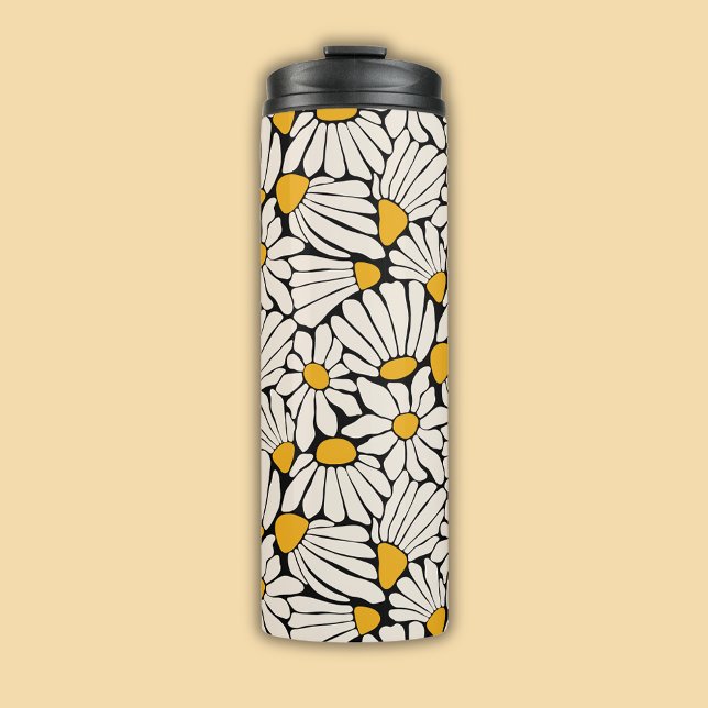 Retro Floral black yellow block print Thermal Tumbler (Retro floral daisy dream thermal tumbler)
