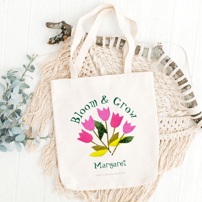 Retro Floral Bloom & Grow Cute Personalized Spring Tote Bag (These bright retro tulips are  my own original cut paper art. It's paired with vintage typography.)