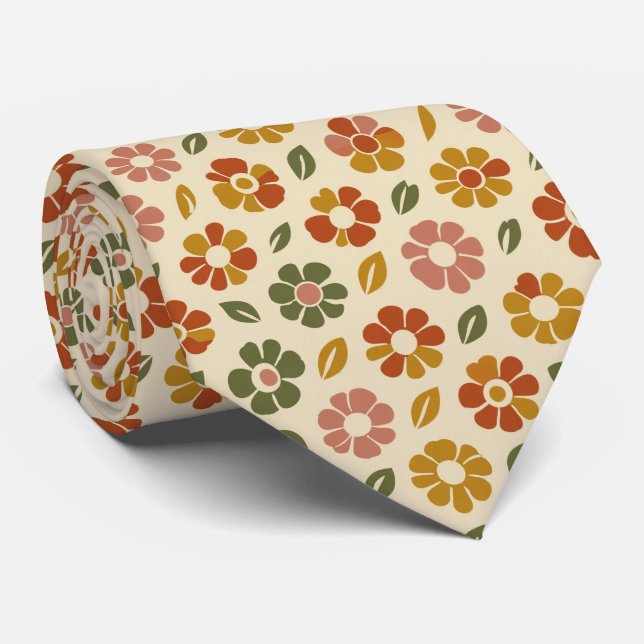 Retro Floral Bloom Pattern Neck Tie (Rolled)