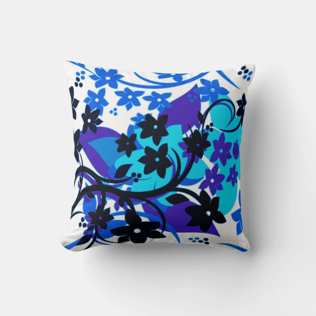 [Retro Floral] Blue Botanical Graphic Design Throw Pillow (Front)