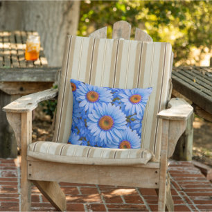 Retro floral blue sunflowers blue daisies pattern outdoor pillow