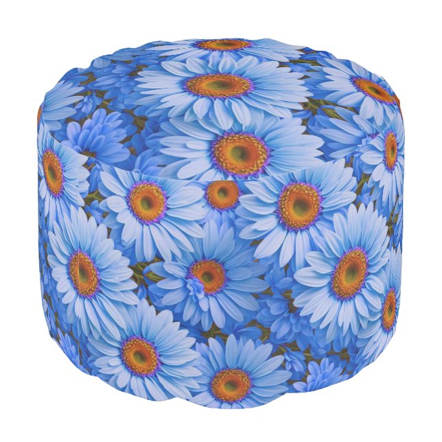 Retro floral blue sunflowers blue daisies pattern  pouf (Angled Back)