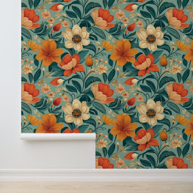 Retro Floral Bohemian Orange Mint Green Wallpaper (Application)