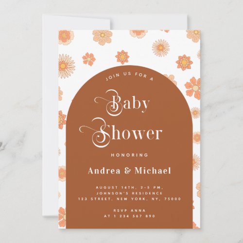 Retro Floral  Boho Terracotta Arch Baby Shower Invitation