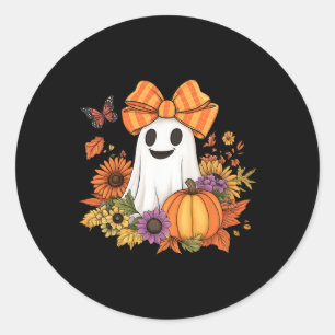 Retro Floral Boo Ghost Pumpkin Bow Halloween Women Classic Round Sticker