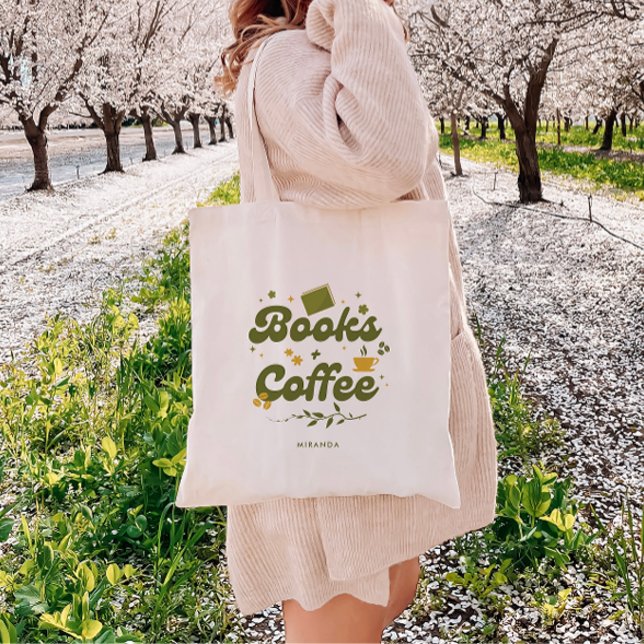 Retro Floral 'Books & Coffee' Personalized Bookish Tote Bag (Creator Uploaded)