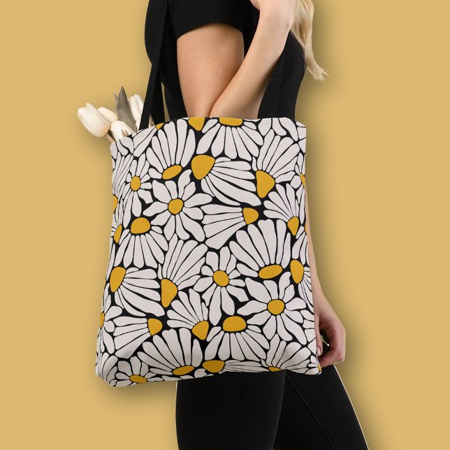 Retro floral botanical block print tote bag (Bold boho floral pattern tote bag in black with cream and mustard yellow cut out flowers)