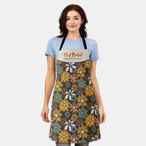 Retro Floral Brown Gold Teal Personalized  Apron