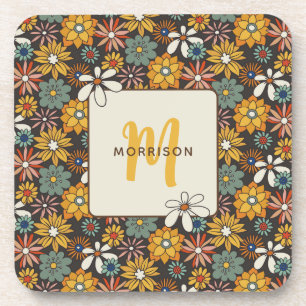 Retro Floral Brown Gold Teal Personalized  Beverage Coaster