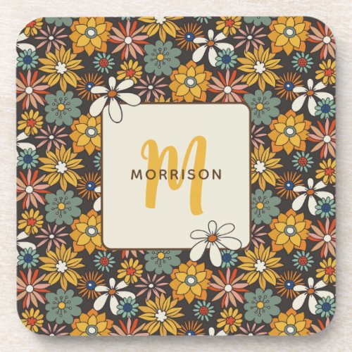 Retro Floral Brown Gold Teal Personalized  Beverage Coaster