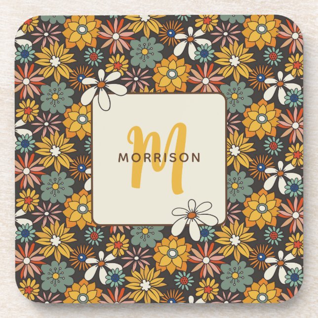 Retro Floral Brown Gold Teal Personalized  Beverage Coaster (Front)