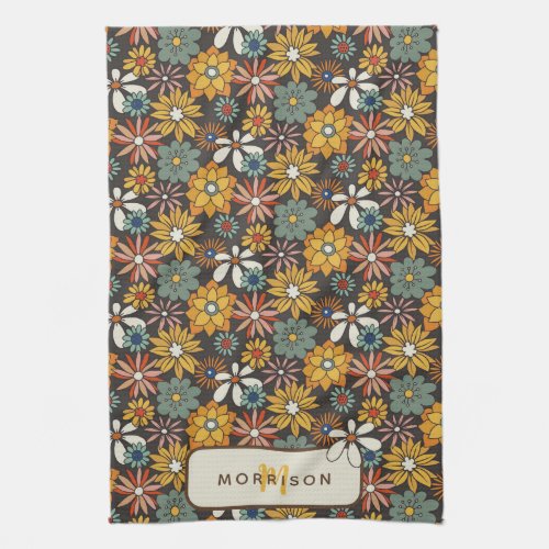 Retro Floral Brown Gold Teal Personalized  Kitchen Towel
