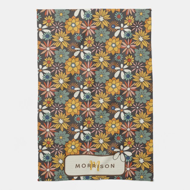 Retro Floral Brown Gold Teal Personalized  Kitchen Towel (Vertical)
